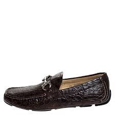 Salvatore Ferragamo Brown Crocodile Leather Parigi Horsebit Slip On Loafers Size 45