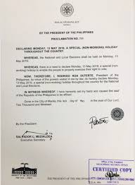 Election 2019 Duterte Declares May 13 Special Non Working Holiday The Summit Express