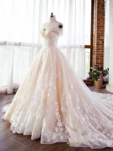 Luxury Champagne Lace Off Shoulders Poofy Ball Gown for Wedding Puffy Wedding Dress 20082203
