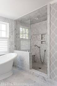Marble Shower Tile This Shower Features Different Sizes Of Carrara Marble Tile From Floor Walk In Bathroom Showers Beautiful Bathroom Designs Bathroom Design