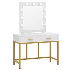 Greenforest vanity desk 47'' glossy white console table computer makeup desk with 2 drawers and solid metal legs for living room entryway hallways. Buy Tribesigns Vanity Table With Lighted Mirror Makeup Vanity Dressing Table With 9 Lights And 2 Drawers For Women Dresser Desk Vanity Set For Bedroom Gold White Online In Indonesia B07zr6kqjw