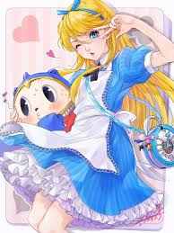 qoo1234, alice (alice in wonderland), kuma (persona 4), alice in  wonderland, persona, persona 4, highres, 1boy, alice (alice in wonderland) ( cosplay), apron, arm up, bag, black ribbon, blonde hair, blue dress, blue