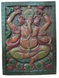 Green Wood Doors Hand Carved Ganesha Wall Door By Mogulgallery Carved Wood Wall Art Antiques Panel Wood Wall Art