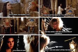 In Labyrinth (1986) Sarah actually does get the Two Door Riddle correct.  What lead to her literal downfall was her phrase "It's a piece of cake."  Every time she says this and