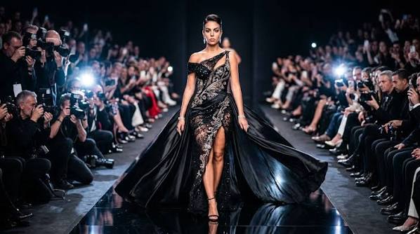 A stunning woman inspired by Georgina Rodriguez walking confidently on a  luxury fashion runway, wearing an elegant designer gown with flowing fabric,  intense model expression, spotlight focused on her, photographers flashing  cameras,
