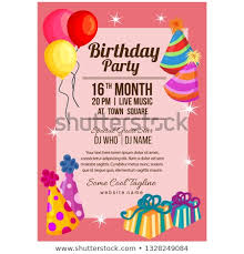 Birthday Party Invitation Card With Photo Birthday Party Poster Template With Balloon Hat Present Box Birthday Invitation Card Cartoon Vector Drawing Party Poster Poster Template Balloons