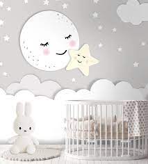 Wallpaper Photo Wallpaper Nursery Moon Star Baby Room Cloud Stars Smooth Fleece Wish Color Motif Wallpaper Baby Room Decor Nursery Baby Room Kid Room Decor