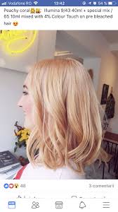 Peachy Coral Wella Illumina 9 43 40ml Special Mix 65 10ml Mixed With 4 Color Touch On Pre Bleached Hai Hair Color Formulas Bleached Hair Hair Stylist Life