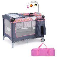 Costway Foldable Baby Crib Playpen Playard Pack Travel Infant Bassinet Bed Music Pink Walmart Com