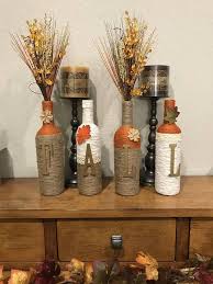 Set Of 4 Jute And Bamboo Yarn Wrapped Wine Bottles Fall Themed Decorative Accents Homemade All Deco Wine Bottle Art Wrapped Wine Bottles Wine Bottle Crafts