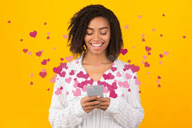 Happy Black Woman Using Online Dating Service Stock Photo - Image of happy,  cellphone: 169055614