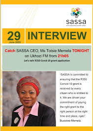 Busisiwe malema sassa chief executive describes how the social security agency plans to identify and pay eligible beneficiaries. Sassa News Let S Talk R350 Covid 19 Srd Grant Application Catch Ceo Totsie Memela Tonight On Ukhozi Fm From 21 05 Sassacares Facebook