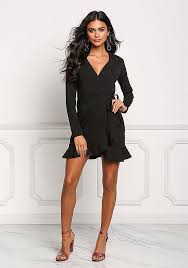 Junior Clothing Black Ruffle Deep V Wrap Dress Dresses Black Ruffle Wrap Dress