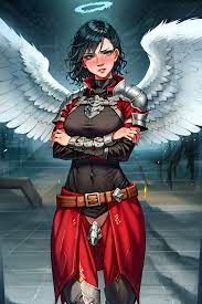 1futa ai generated angel angel wings armor black hair blush  bracers breasts clothed clothing codpiece dickgirl futanari halo leg armor  light skin pauldrons plate armor shoulder armor stable diffusion