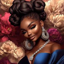 Digital art portrait of a playful full-bodied African American girl, aged  between 5-8 years, with pronounced big eyes, elongated lashes, and a wide,  cheeky smile. She wears colorful bead earrings and a