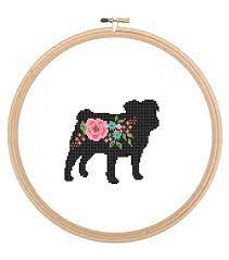 Each chart is printed over four pages and the colours are shown both as colour blocks and symbols for ease of use. Pug Silhouette Cross Stitch Pattern Floral Roses Pet Animal Wall Art Pug Dog Cross Stitch Modern Gift Zindagi Designs