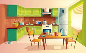 Inside view of empty two story cartoon paper doll house with set. Vector Cartoon Illustration Of Kitchen Interior Kitchen Background Cartoon Illustration Kitchen Cartoon