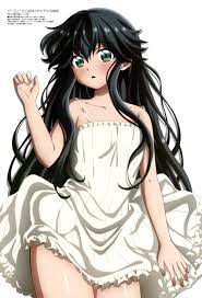 megami magazine, party kara tsuihou sareta sono chiyushi, jitsu wa saikyou  ni tsuki, absurdres, highres, magazine scan, official art, scan, 1girl,  bare shoulders, black hair, blush, breasts, cleavage, collarbone, dress,  long hair,