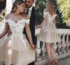 2021 Champagne Ivory Short Wedding Dresses Reception Off The Shoulder Lace Applique Unique Tulle Tw Brautkleid Kurz Spitze Kleid Hochzeit Kurzes Hochzeitskleid