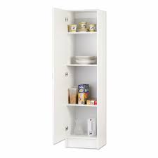 A white paneled cabinet doors opens to reveal a hidden kitchen pantry equipped with stacked white metal spice baskets mounted on a gray wall. Bedford 450mm White 1 Door Pantry Bunnings Australia