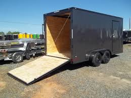 View car hauler trailers for sale. Blackout 7 X 16 Enclosed Trailer Charcoal Grey Blackout Trim Semi Screwless Exterior Black Mod Wheels Best Trailers Enclosed Trailers Motorcycle Trailer