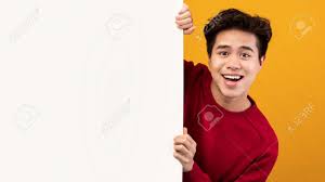 Illustrator advertising banner layout with red elements. Advertising Billboard Portrait Of Smiling Asian Guy Hiding Behind Blank White Poster With Mockup Template And Copy Space For Design Or Message Male Teen Peeking Out Orange Studio Wall Stock Photo Picture