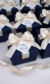 60 Navy Blue Champagne Wedding Favor Boxes With Satin Ribbon Bow And Custom Tag Personalized Wedding Welcome Box For Favors For Guests In 2021 Champagne Wedding Favors Wedding Gift Boxes