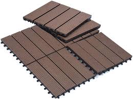 Each tile in this set of 6 is made of a sturdy wood and plastic composite, which makes them durable enough to resist fading and damage from rain. Amazon Com Sunnygalde 12 X12 Wood Plastic Interlocking Flooring Tiles 4 Slats Straight Pattern Interlocking Deck Tiles For Patio Balcony Porch Backyard 6 Pcs Home Improvement