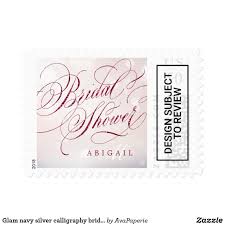Glam Navy Silver Calligraphy Bridal Shower Postage Zazzle Com Fun Wedding Invitations Silver Calligraphy Bridal Shower