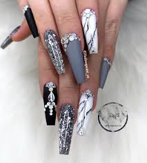 Coffin Shaped Black And Grey Acrylic Nails 