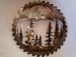 Hand painted & signed folk art 7 round saw blade river house scene. Forest Mountain Sawblade Metal Art Sculpture 1862439480