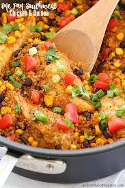This southwest skillet chicken and rice is the perfect one pot meal. One Pan Southwest Chicken Quinoa Recipe Yummy Healthy Easy