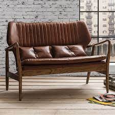 Upholstered three seat sofa with wooden frame and stainless steel feet. Home Leather Sofa Brown Oak Frame 2 Seater Couch Wood Wooden Cushions Seat Large Brown Leather Sofa Leather Sofa Furniture