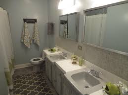 retro bathroom with double vanity, gray