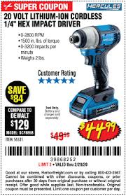 Hercules 20v Lithium Cordless 1 4 In Hex Compact Impact Driver For 44 99 In 2020 With Images Impact Driver Harbor Freight Tools Hercules