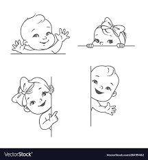 Smiling Toddler For Logotype Template Outline Sketch Monochrome Style Cute Little Baby Look Out Wave Hand Pointin Logiciel De Broderie Art Bebe Dessin Bebe