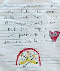 You stop pucks and that made me proud dad. Nhl On Twitter Marc Andre Fleury S Daughter Wrote The Cutest Note After Game 2 Stanleycup Nhldotcom Has More Https T Co Dyomgaxvaq Ig Vlaroseefleury Https T Co Ffnnnzxhuz