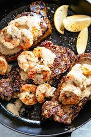 Low Carb Steak Recipe A With Creamy Garlic Shrimp Cafedelites Com Steak And Shrimp Recipes Steak Dinner