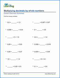 This interactive game will help students build their skills in multiplication of decimals. Grade 6 Worksheets Decimals Times Whole Numbers Missing Factors K5 Learning