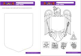 Scutul mare, pe albastru, are o acvila de aur cu capul spre dreapta, cu ciocul si ghearele rosii si aripile deschise. Manute Pricepute 1 Decembrie Stema Romaniei