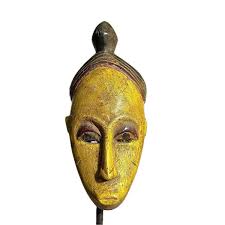 African Guro Mask Yellow Face Tribal Spirit Sculpture Wood Art West  Africa-868