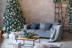 Modern living room with christmas tree background images. Interior Of Modern Living Room With Comfortable Sofa Decorated With Christmas Tree And Gifts Stock Photo Image Of Home Christmas 164248742
