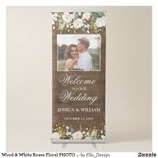 wood white roses floral photo wedding welcome retractable banner zazzle com engagement banner blush roses wedding welcome