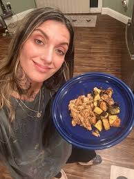 Pork chops with mushroom gravy, Brussel sprouts with bacon and potato  pancakes