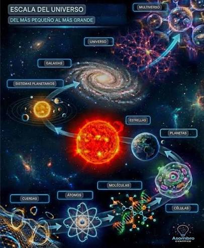 La escala del universo: de lo más pequeño a lo más grande  Desde  cuerdas y átomos, pasando por moléculas y células, hasta planetas,  estrellas, galaxias y el universo entero… Esta imagen