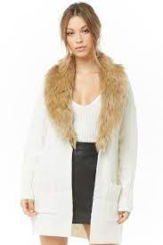 Keep warm with our knitted sweaters for women. Forever 21 Faux Fur Collar Cable Knit Cardigan In Cream Natural Lyst