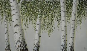 Paint the entire canvas a solid color. Birch Trees And Leaves Painting By Miljan Vasiljevic