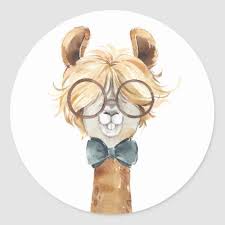 Funny Llama Glasses Bow Tie Watercolor Animal Classic Round Sticker Animal Bows Llama Painting Funny Llama