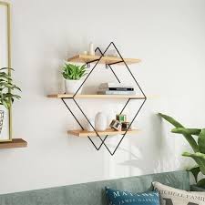 75 12 38 Off رف جدار معدني ثلاثة طبقات الخشب جدار حامل رف للتخزين الحديد الحرفية تخزين الرف جدار دي Wall Shelf Decor Wood Wall Shelf Wall Storage Shelves