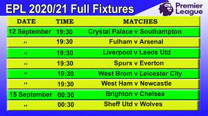 Premier league calendar schedule 2020 2021 matches dates times stops midweek shifts advances postponements big match tv pdf excel. Premier League Football Matches Fixtures 2020 21 Epl Fixtures 2020 21 Starting Date 12 9 2020 Youtube